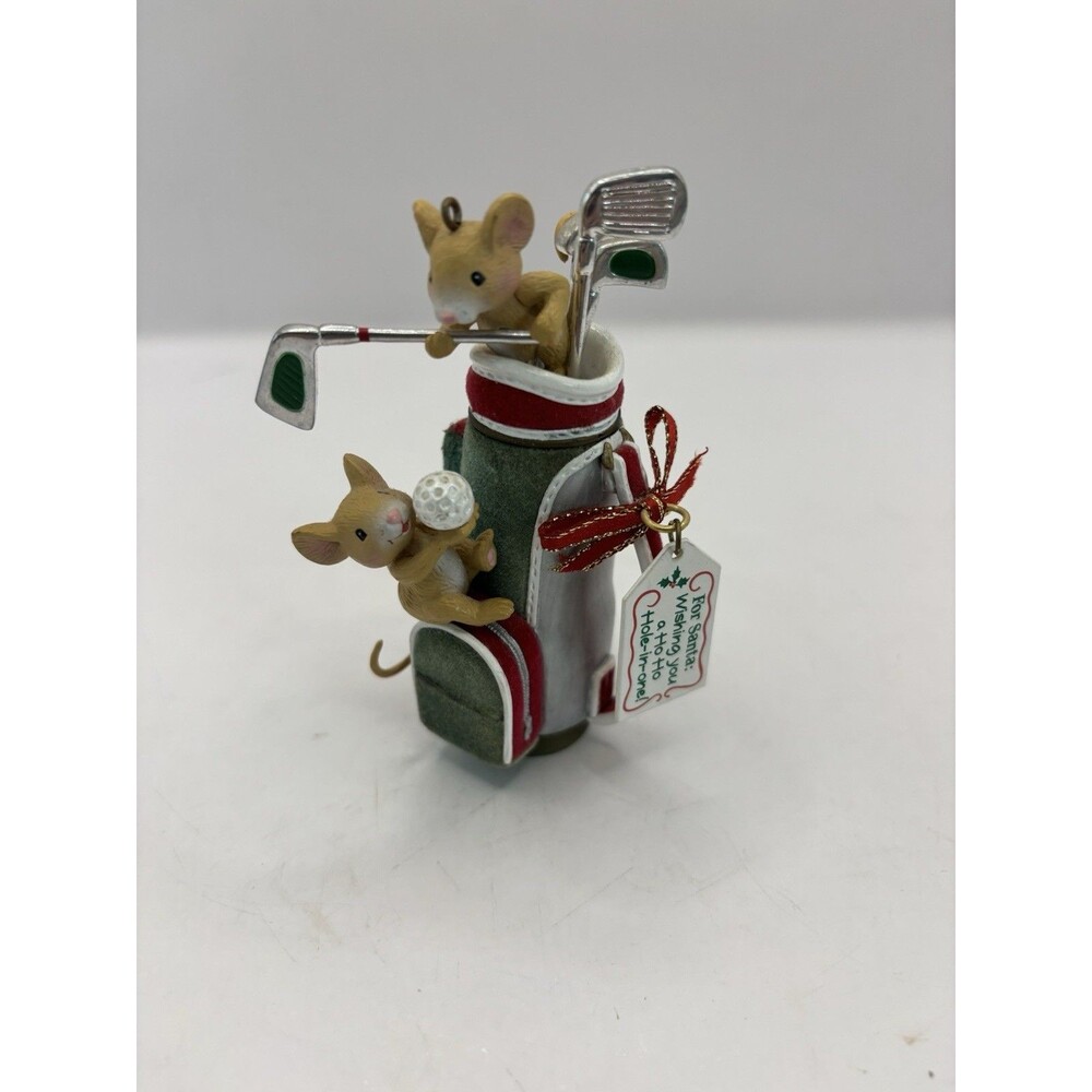VINTAGE CARLTON HEIRLOOM CHRISTMAS 4" ORNAMENT MICE CADDIES GOLF BAG & CLUBS